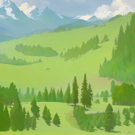 There is a painting， A painting of a cow grazing in a field, Painted Landscape, Anime Landscape, Mountain View, Art station landscape , Random Forest Landscape,  There are some trees in the background , Quick Painting,  Studio Ghibli landscape ,   a digita...