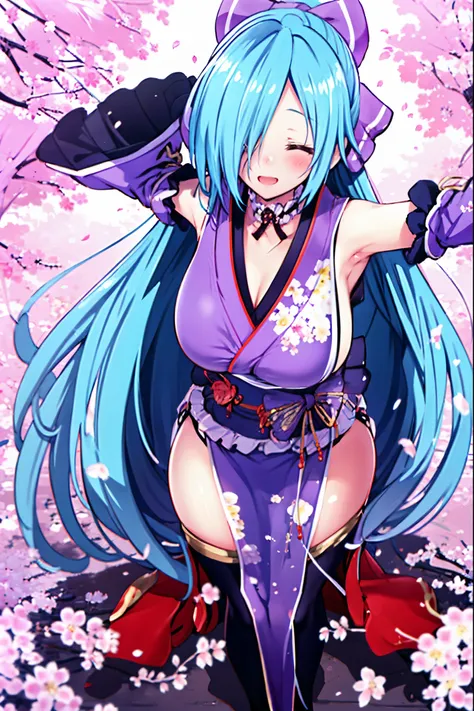 masterpiece, best quality, (1girl, solo),
yamato iori, 1young__girl, virtual youtuber, solo, gloves, bow, hair bow, long hair, hair over one eye, thighhighs, blue hair, fingerless gloves, closed_eyes, japanese clothes, full body, detached sleeves, ponytail...