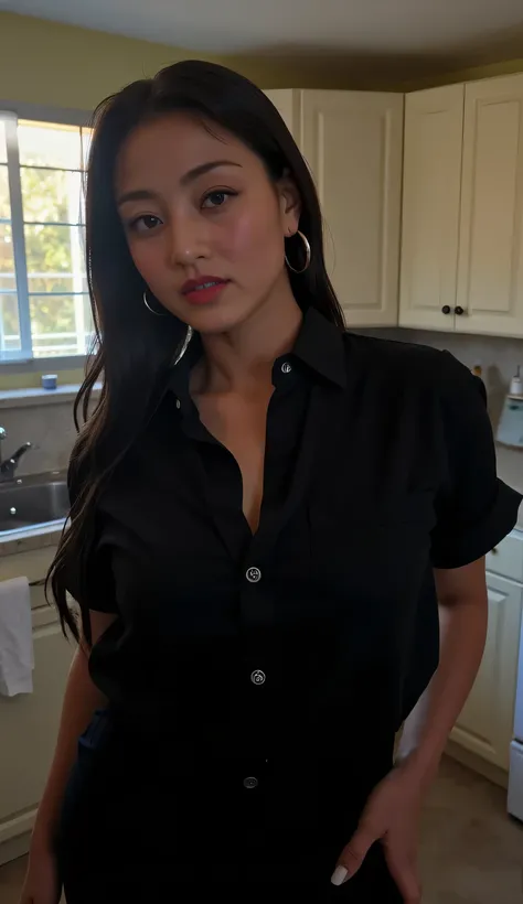 A beautiful woman, standing in the corner of the kitchen, front facing, use black oversize casual shirt, big boobs, red lips
