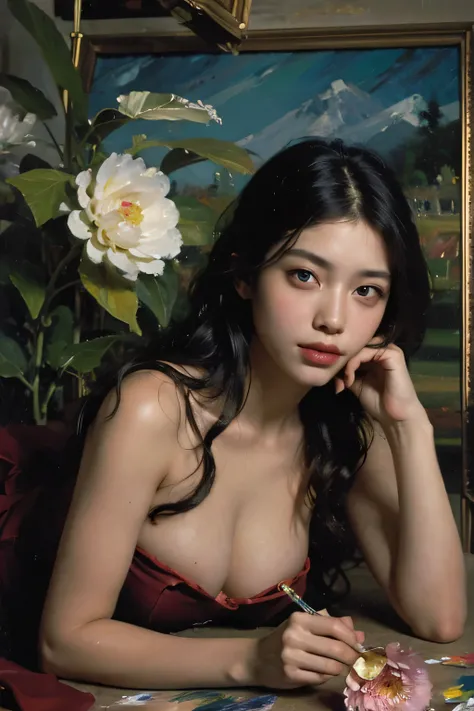 (oil painting:1.5), \\ a woman with (long curtly hair ), ((green eyes)) is lie on the ground, peony, (amy sol:0.248), nude , with dress, (stanley artgerm lau:0.106), (a detailed painting:0.353), (gothic art:0.106)
