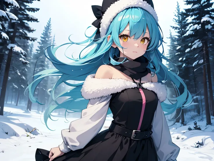 Anime girl character with blue flowing hair, yellow eyes and wearing a dress, with a winter background 