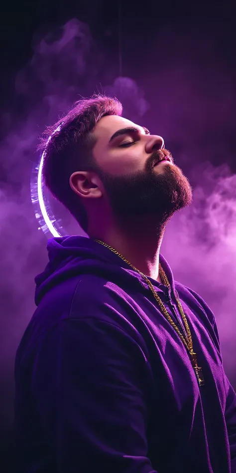 A 30-35-year-old white man with a well-groomed beard tilts his head back, eyes closed, as if lost in deep thought or a spiritual experience. His face is illuminated by dramatic lighting, casting soft yet defined shadows that highlight his sharp jawline and...