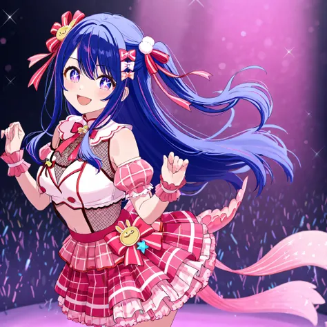 The hairstyle is half up tail　The hair color is navy blue and slightly pink mesh　Rabbit's ribbon on the hair　Clothes are costumes of Hoshino Ai's idol from Oshinoko 　costume idol