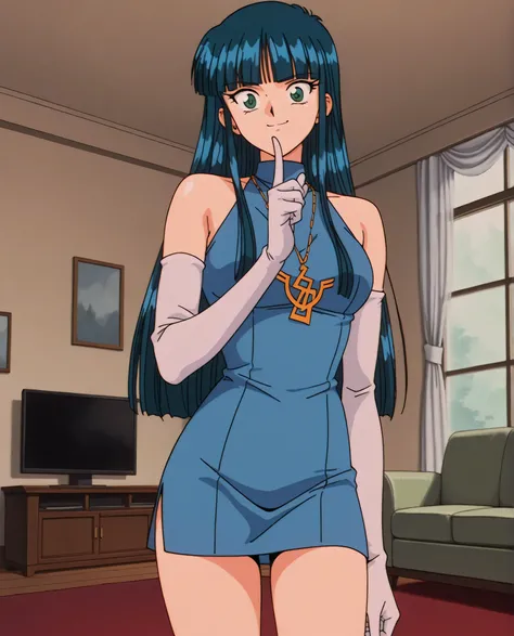 1girl,sa1lorm00nthetis,,1990s \(style\),anime coloring,solo,green eyes, blue hair, black hair, long hair,blunt bangs, necklace, (piercing:0.7), short dress, sleeveless, bare shoulders, blue dress,gloves,  elbow gloves, indoors,room,living room,window,index...