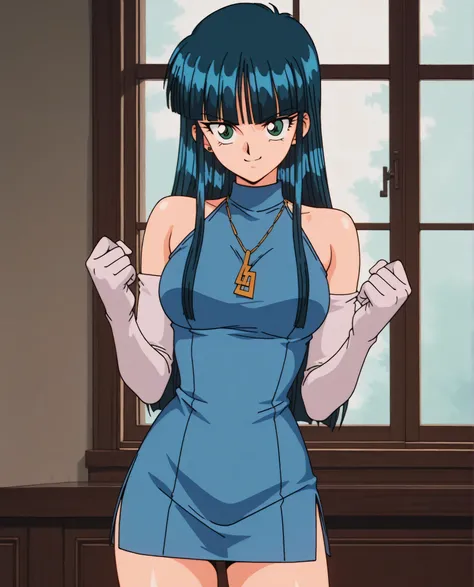 1girl,sa1lorm00nthetis,,1990s \(style\),anime coloring,solo,green eyes, blue hair, black hair, long hair,blunt bangs, necklace, (piercing:0.7), short dress, sleeveless, bare shoulders, blue dress,gloves,  elbow gloves, ,, ,window, ,cowboy shot ,,,wide-eyed...