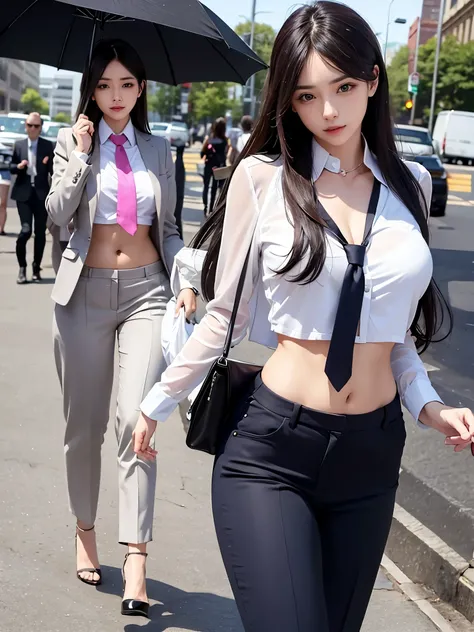 Woman in professional crop top, suit, trousers, Walk to work, Show your belly, Realistic navel shape, necktie, 