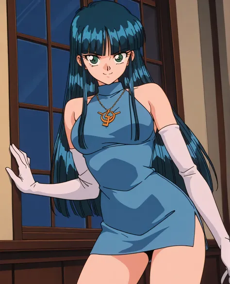 1girl,sa1lorm00nthetis,,1990s \(style\),anime coloring,solo,green eyes, blue hair, black hair, long hair,blunt bangs, necklace, (piercing:0.7), short dress, sleeveless, bare shoulders, blue dress,gloves,  elbow gloves, ,, ,window, ,cowboy shot ,,,wide-eyed...