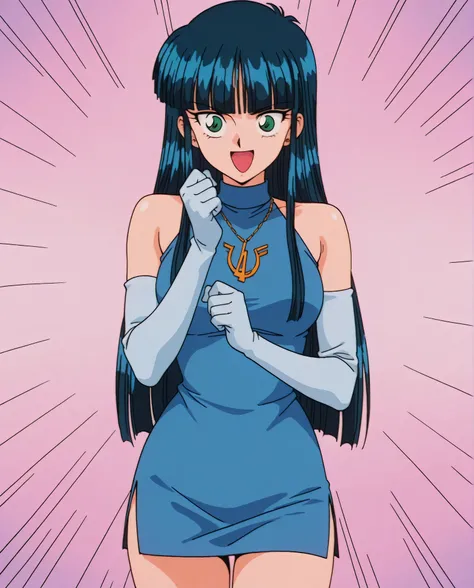 1girl,sa1lorm00nthetis,,1990s \(style\),anime coloring,solo,green eyes, blue hair, black hair, long hair,blunt bangs, necklace, (piercing:0.7), short dress, sleeveless, bare shoulders, blue dress,gloves,  elbow gloves, ,, ,, ,cowboy shot ,,,wide-eyed  , ,,...