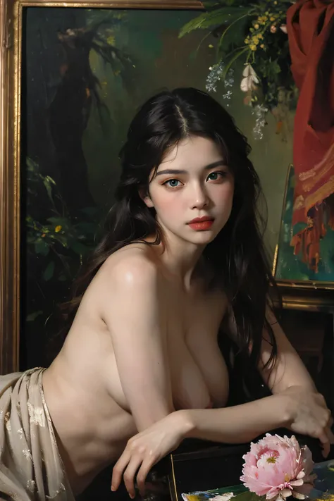 (oil painting:1.5),
\\
a woman with (long curtly hair ), ((green eyes)) is lie on the ground, peony, (amy sol:0.248), nude , with  dress,  (stanley artgerm lau:0.106), (a detailed painting:0.353), (gothic art:0.106)