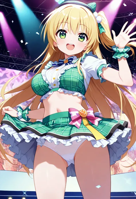 (white panties visible)、", a beautiful 20-year-old idol girl with a full of energy、winks at the fans while lifting the hem of the stage costume miniskirt at the live venue。ties her fluffy blonde hair into a ponytail、has big emerald green eyes shining all o...