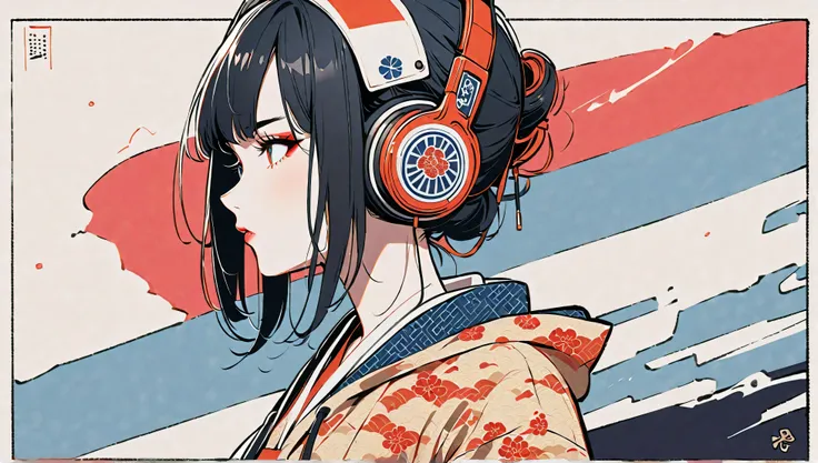 (((1 girl))), ((( flashy makeup))), (((Japanese headphones))), (((Japanese pattern hoodie))), ((( Japanese sword))), (((Maid))), Beautiful Japanese Girls,   black hair, Delicate and precise, Modern Ukiyo-e Style, Japanese flag,  Red and blue neon