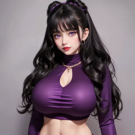 Female((30year old)), hair((wavy, black hair)), eyes((big eyes, Violet eyes)), clothes ((velvet, crop-top)), accessories ((topaz necklace)), gigantic breast, gigantic breast, korean makeup look, smiling, blank background, blank background, red lips, 