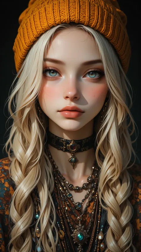 8k, Masterpiece, Top Quality, Close-up, frontal, eye-level, blonde, blue eyes, fair skin, neutral expression, mustard-yellow beanie, braided hair, woven accents, layered necklaces, bohemian, free-spirited, blurred, dark background.