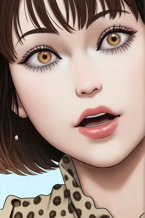 photo of junj11t0, anime, manga, female characters, brown hair, leopard print, open mouth, expressive eyes, detailed drawing, vibrant colors, realistic style, fantasy elements