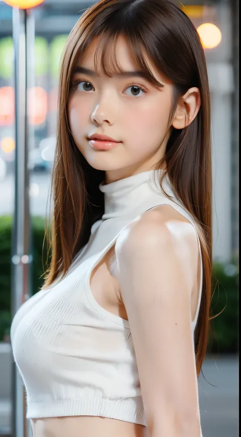 1womanl, up of face, mideum breasts, light brown hair, Blunt bangs, hair behind ear, hair over shoulder, Long hair, slender body shape, Ultra Fine Face, Thin face, Delicate lips, Beautiful eyes, thin blush, eyes are light brown, perfect glossy skin, flawle...