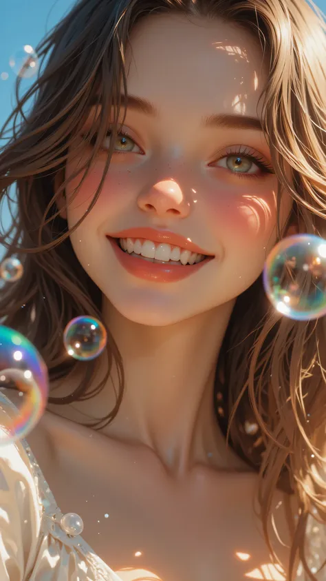 8k, Masterpiece, Top Quality, Close-up,  eye-level,  fair skin, freckles, sun-kissed,  blue eyes,  wide smile, white teeth,  long light brown hair,  shoulder-length hair,  bare shoulders,  no costume, relaxed pose,  blurred background,  soap bubbles, iride...