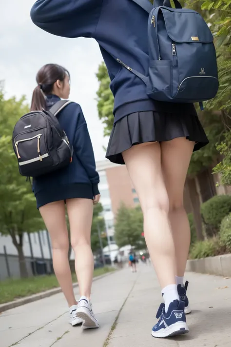 (((angle see from the ground))), (Show only the buttocks from the hee)l,Behind the knee,(high quality butt),upskirt,Country sidewalk,Two cloned humans walking on the sidewalk,masterpiece,8k,(((angle see from the ground))),(2 people wearing the same clothes...