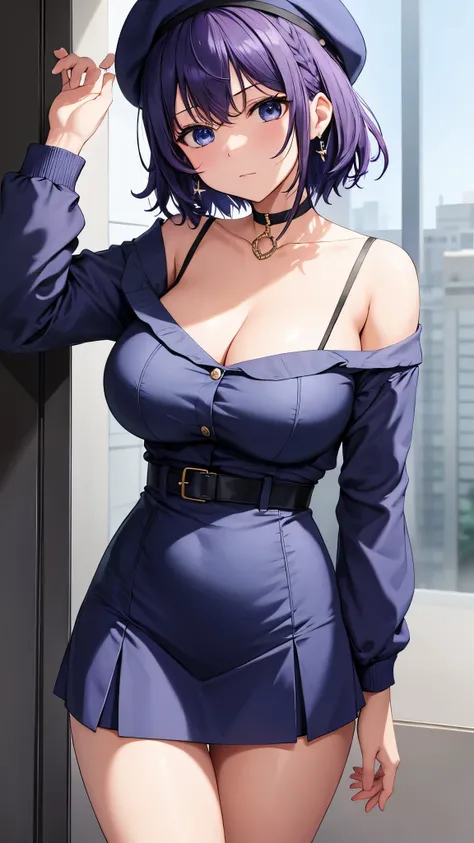 top quality、 top quality、 masterpiece、 beauty(They Look Adult:1.4)、( 1 adult female:1.3)、Dark Blue Purple Short Hair(side braid)、 blue eyes、(V shaped shirt )、 BIG BREAST on SNS 、(very large breasts:1.4)、 angry face in black、 navy blue choker 、 sexy pose、 e...