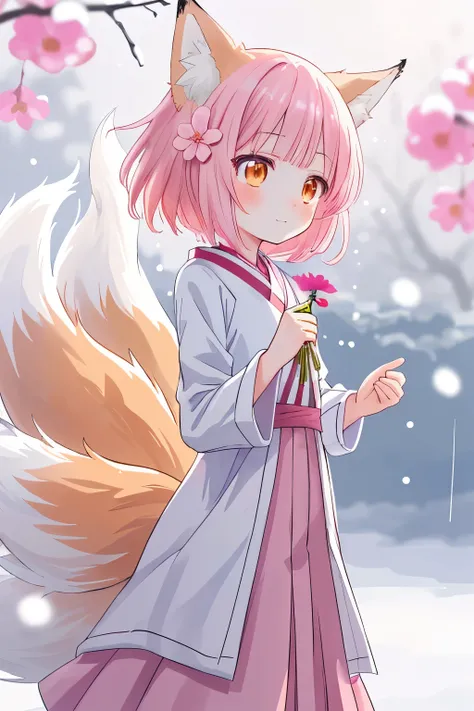 Nine Snow White Fox Tails (1.0), Milky Fox Tail (1.0), Nine-tailed fox close-up, Nine Tail, Nine Tail, An animated  girl with pink hair and a pink dress with flower decorations, very  Beautiful Anime Fox Girl,  Beautiful Anime Fox Girl, Beautiful Fantasy A...