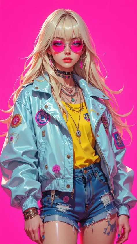 8k, Masterpiece, Top Quality, long blonde hair, round glasses, pink tint, light blue puffer jacket, patches, embellishments, yellow inner jacket, denim shorts, necklaces, earrings, bold lines, bright pink background, trendy, futuristic, exaggerated