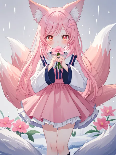 Nine Snow White Fox Tails (1.0), Milky Fox Tail (1.0), Nine-tailed fox close-up, Nine Tail, Nine Tail, An animated  girl with pink hair and a pink dress with flower decorations, very  Beautiful Anime Fox Girl,  Beautiful Anime Fox Girl, Beautiful Fantasy A...