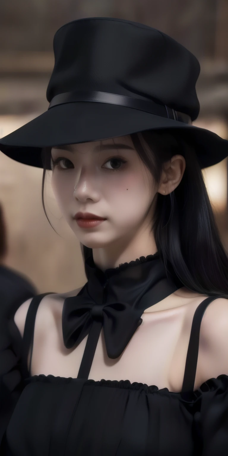 1girl, mole next to mouth, long black hair, black formal dress, black hat, in focus, at a funeral, (photorealistic:1.4), raw photo, best quality, masterpiece, ultra high res 