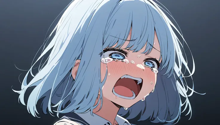 ultra high definition simple white background cute girl 　 light blue hair straight short haire　lementary school student solo 　cry laugh fear