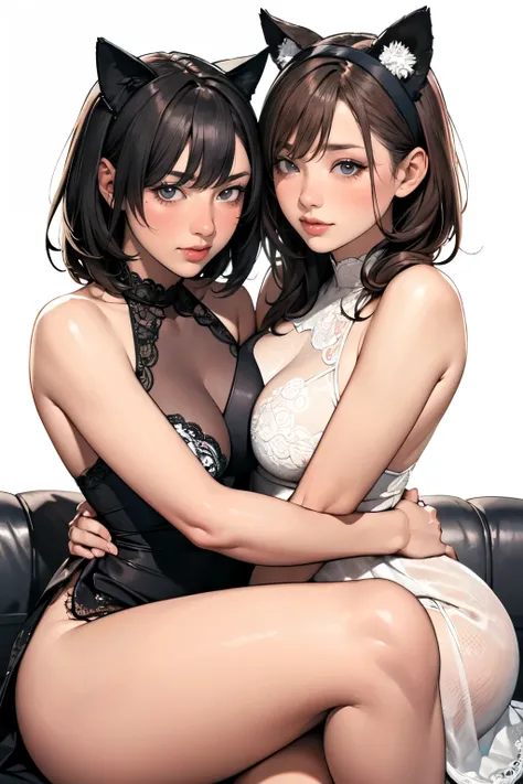 (Masterpiece,best quality,extremely detailed,ultra-detailed, perfect detailed face:1.3),perfect anatomy,Two beautiful Japanese women illustration, 25years old,Two women,sitting in the dark-brown leather sofa,hugging,fake_cat_ears, (transparent lacy white d...