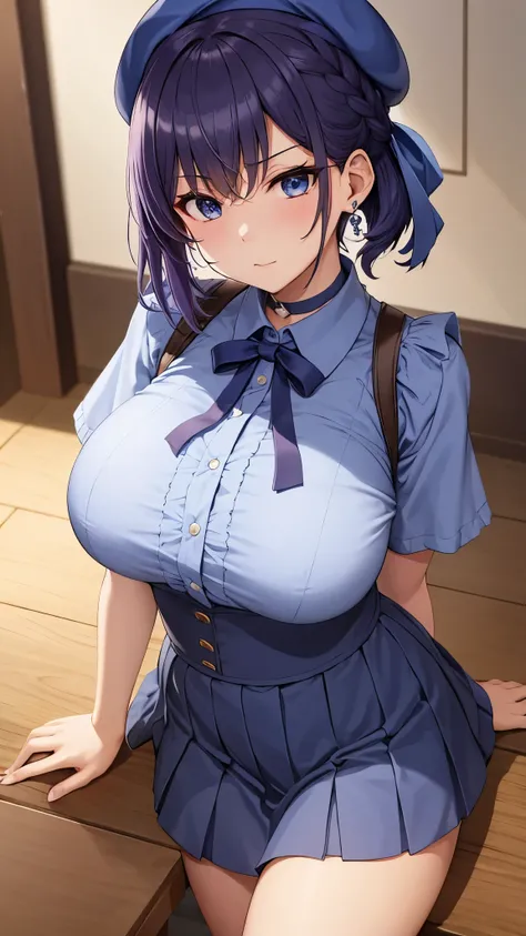 top quality、 top quality、 masterpiece、 beauty(They Look Adult:1.4)、( 1 adult female:1.3)、Dark Blue Purple Short Hair(side braid)、 blue eyes、(V shaped short sleeve shirt)、 BIG BREAST on SNS 、(very large breasts:1.4)、 angry face in black、 navy blue choker 、 ...