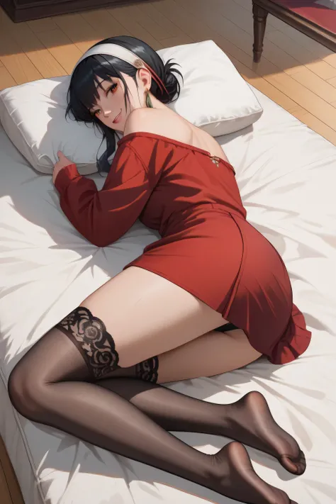 Yor Forger，Jorfogel，black hair，White headband ，Hair up， with bangs，red short dress，Low Breasted Off Shoulder ，The skirt is relatively short，Black stockings，Lace stockings，lying on the ground，Lying on a wooden floor，Curved legs，Black underwear ，Accurate leg...