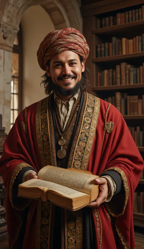 **Prompt:** Create a hyperrealistic digital artwork depicting an ancient Arabic philosopher in a medieval library, exuding a vibe of genius and wisdom. He is holding an ancient manuscript, with intricate details showcasing the aged texture of the book....