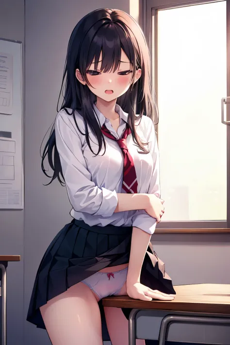 high school girl, cute, pleated skirt, (Panties:1.2), loafers, standing, School Classroom, (Rub your crotch against the corner of the desk:1.3), squint, open your mouth, Trouble Brows, 赤い頬, Feeling sexual pleasure