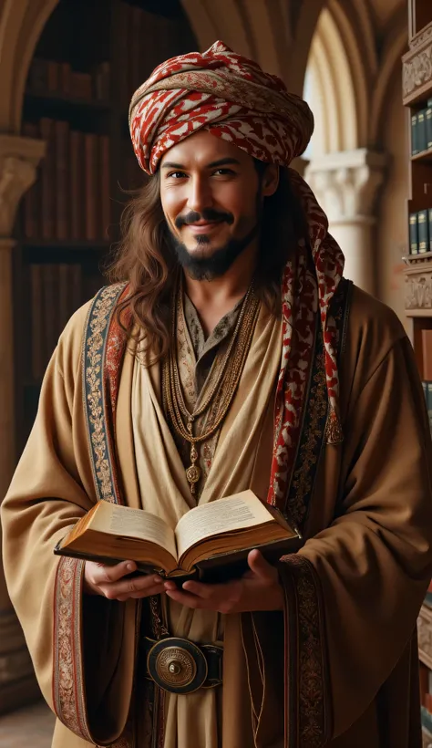 **Prompt:** Create a hyperrealistic digital artwork depicting an ancient Arabic philosopher in a medieval library, exuding a vibe of genius and wisdom. He is holding an ancient manuscript, with intricate details showcasing the aged texture of the book....