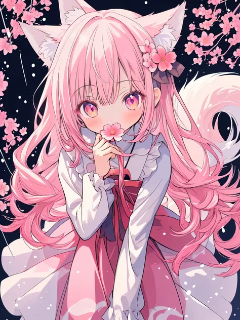 Nine Snow White Fox Tails (1.0), Milky Fox Tail (1.0), Nine-tailed fox close-up, Nine Tail, Nine Tail, An animated  girl with pink hair and a pink dress with flower decorations, very  Beautiful Anime Fox Girl,  Beautiful Anime Fox Girl, Beautiful Fantasy A...