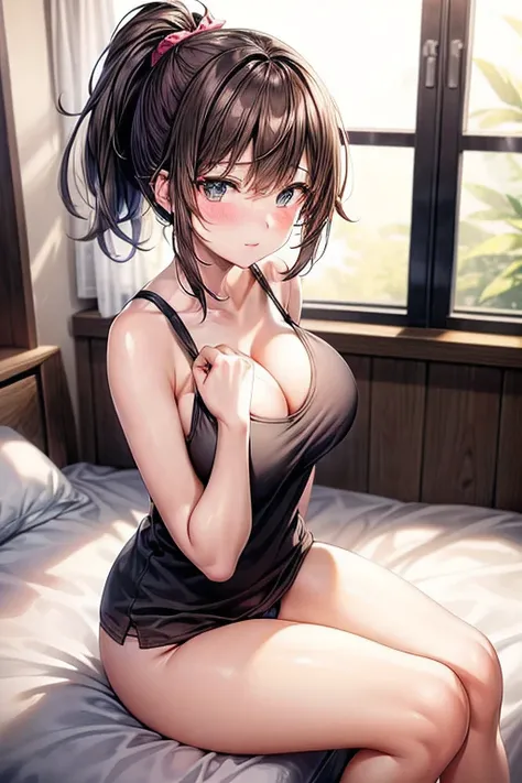 dark brown ponytail, tank top, panties, sitting on bed, busty, cleavage, blushing:1.2