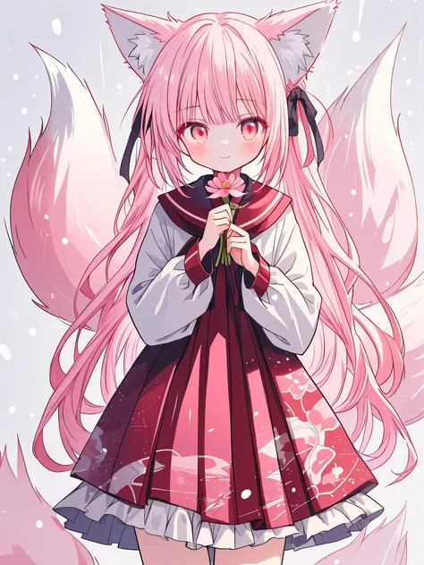 Nine Snow White Fox Tails (1.0), Milky Fox Tail (1.0), Nine-tailed fox close-up, Nine Tail, Nine Tail, An animated  girl with pink hair and a pink dress with flower decorations, very  Beautiful Anime Fox Girl,  Beautiful Anime Fox Girl, Beautiful Fantasy A...