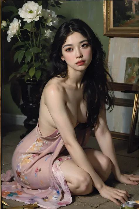 (oil painting:1.5),
\\
a woman with (long curtly hair ), ((green eyes)) is lie on the ground, peony, (amy sol:0.248), nude , with  dress,  (stanley artgerm lau:0.106), (a detailed painting:0.353), (gothic art:0.106)