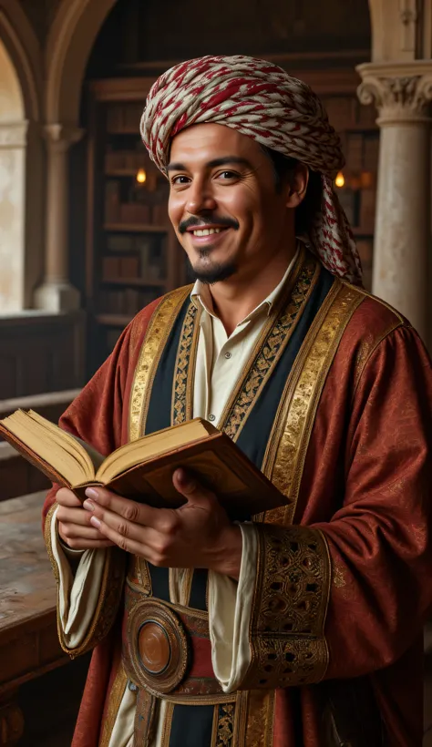**Prompt:** Create a hyperrealistic digital artwork depicting an ancient Arabic philosopher in a medieval library, exuding a vibe of genius and wisdom. He is holding an ancient manuscript, with intricate details showcasing the aged texture of the book....