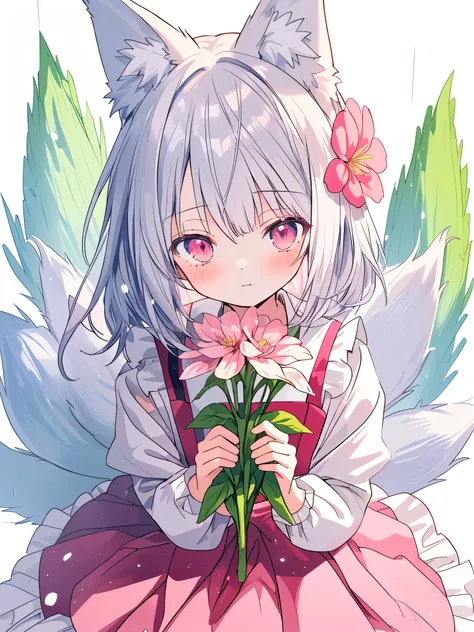 Nine Snow White Fox Tails (1.0), Milky Fox Tail (1.0), Nine-tailed fox close-up, Nine Tail, Nine Tail, An animated  girl with silver hair and a pink dress with a flower ornament,  very beautiful anime fox girl, Beautiful Fantasy Anime, Gwaiz, anime girl wi...