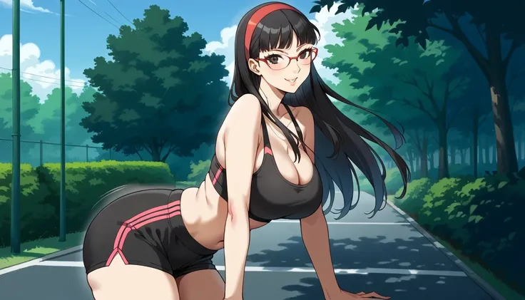 score_9, score_8_up, source_anime 1 girl, solo, cute face, p4yukiko, amagi yukiko, long hair, black hair, bangs, hairband, glasses, red-framed eyewear p4yukiko-winunp4,(black sports bra, black crop top, large breasts, cleavage), (bare abdomen, navel), blac...