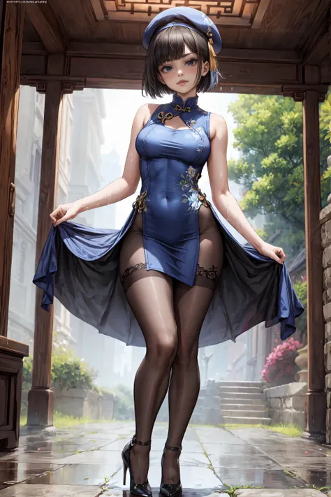 China Dress　miniskirt　pantyhose　high heels　woman　full body　bob cut standing beret　the whole body is soaked