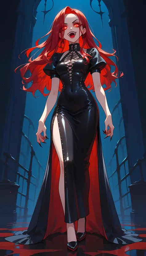 score_9, score_8_up, score_7_up 1vampire woman, red hair, long hair, glowing eyes, fangs, intricate leather dress, high heels, standing, full body shot, goth bar background