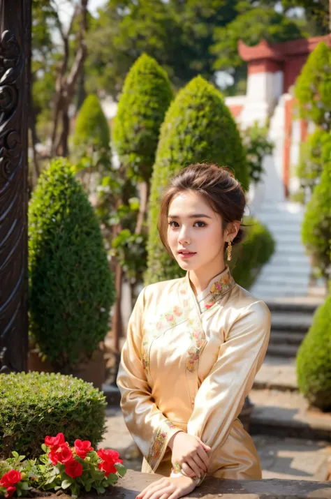 1 girl, wearing Traditional Burmese Wedding Outfits, sitting on garden in Mandalay Palace, flowers, perfect face and body, natural  maximum breasts, Short Hair, Orange Brown Color Hair, Amazing Perfect Portrait pose, realistic, 4k, soft skin, soft light, d...