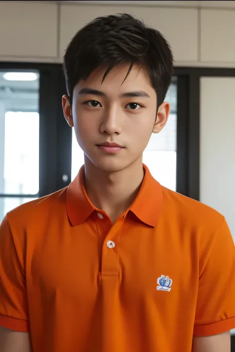 18-year-old male、Japanese、handsome、 macho、Short Hair、 office worker 、growing up、Orange polo shirt