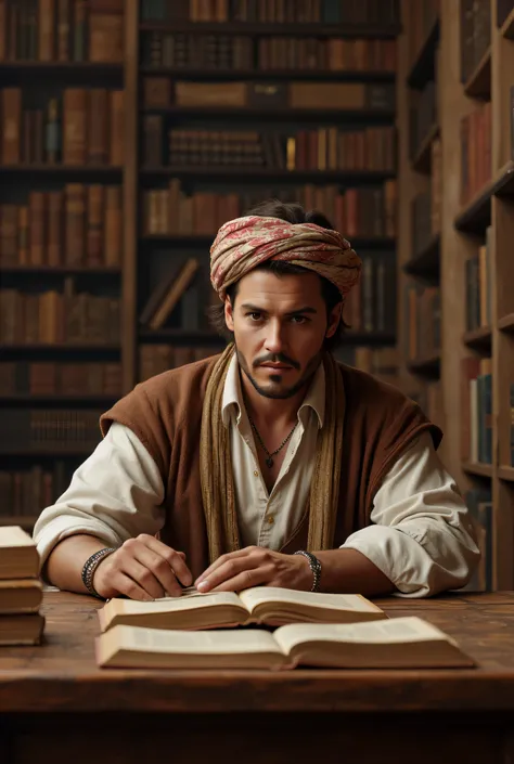 **Prompt:** medieval age era, Create an ultra-realistic digital artwork depicting a handsome young Arab philosopher from archaic medieval times, sitting thoughtfully at a grand wooden table in a vast manuscript library. He is intently writing in an ancient...