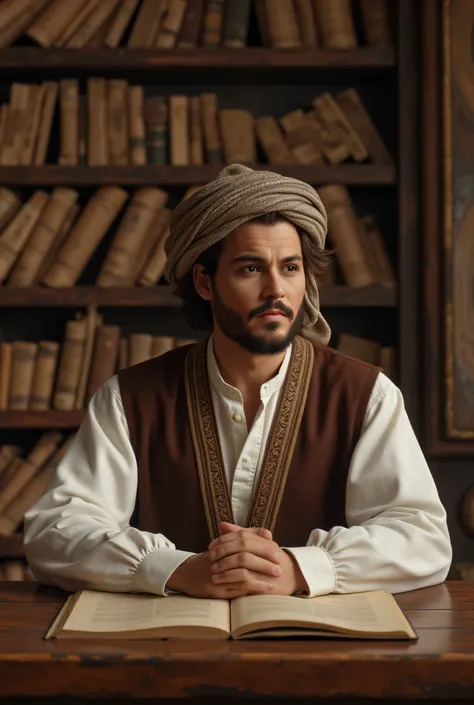 **Prompt:** anciently medieval age era, Create an ultra-realistic digital artwork depicting a handsome young Arab philosopher from archaic medieval times, sitting thoughtfully at a grand wooden table in a vast manuscript library. He is intently writing in ...