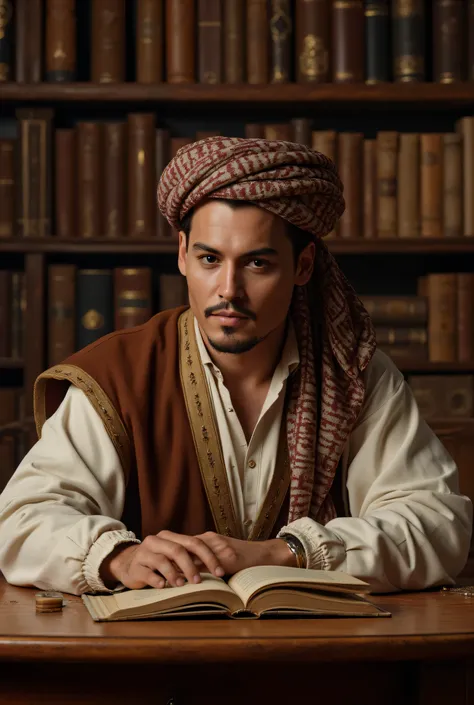 **Prompt:** medieval age era, Create an ultra-realistic digital artwork depicting a handsome young Arab philosopher from archaic medieval times, sitting thoughtfully at a grand wooden table in a vast manuscript library. He is intently writing in an ancient...