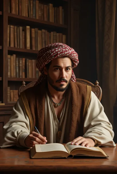 **Prompt:** medieval age era, Create an ultra-realistic digital artwork depicting a handsome young Arab philosopher from archaic medieval times, sitting thoughtfully at a grand wooden table in a vast manuscript library. He is intently writing in an ancient...