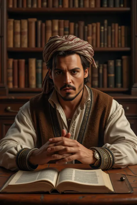 **Prompt:** medieval age era, Create an ultra-realistic digital artwork depicting a handsome young Arab philosopher from archaic medieval times, sitting thoughtfully at a grand wooden table in a vast manuscript library. He is intently writing in an ancient...