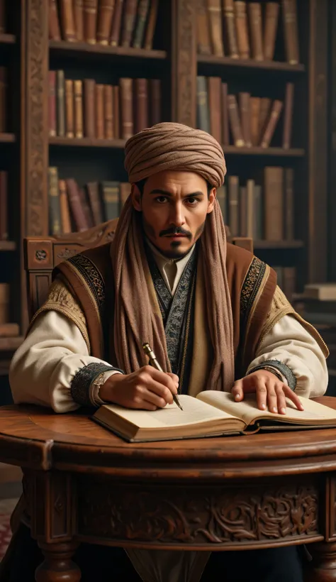 **Prompt:** Create an ultra-realistic digital artwork depicting a handsome young Arab philosopher from archaic medieval times, sitting thoughtfully at a grand wooden table in a vast manuscript library. He is intently writing in an ancient book, his focused...